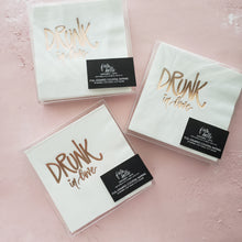 Load image into Gallery viewer, drunk in love disposable napkins in white with rose gold foil