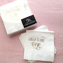 Load image into Gallery viewer, white paper napkins with gold foil calligraphy for baby showers 