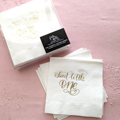 white paper napkins with gold foil calligraphy for baby showers 