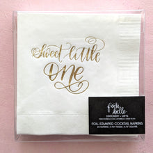 Load image into Gallery viewer, box of 20 baby shower disposable napkins with gold foil calligraphy
