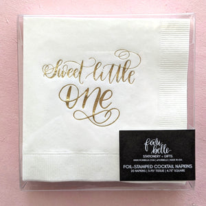 box of 20 baby shower disposable napkins with gold foil calligraphy