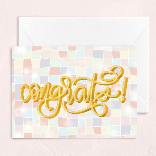 congrats greeting card with pastel disco ball pattern and bright yellow lettering