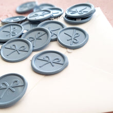 Load image into Gallery viewer, dusty blue wax seal stickers with a trendy bow design for weddings and baby showers 
