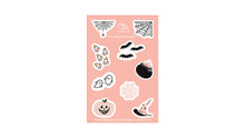 Load image into Gallery viewer, halloween sticker sheet with peach color background and illustrated festive designs