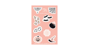halloween sticker sheet with peach color background and illustrated festive designs