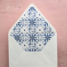 Load image into Gallery viewer, white euro flap envelope with a blue tile pattern envelope liner