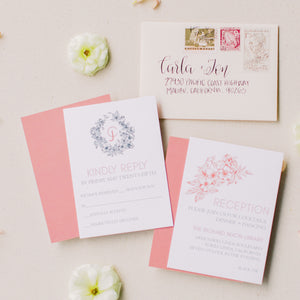 coral floral wedding invitation rsvp card and reception card by fioribelle
