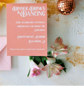 coral details card for retro garden wedding invitations