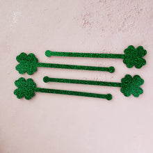 Load image into Gallery viewer, green glitter shamrock swizzle sticks for st patricks day party favors and decor