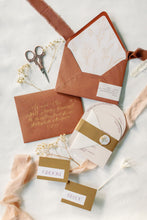Load image into Gallery viewer, terracotta wedding invitations with envelope liner, arched cards and dried floral wax seals 