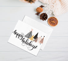 Load image into Gallery viewer, happpy holidays greeting card with modern christmas tree illustrations by fioribelle