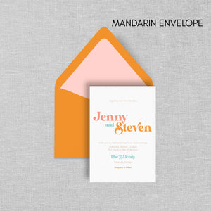orange envelope for retro groovy wedding invites by fioriibelle