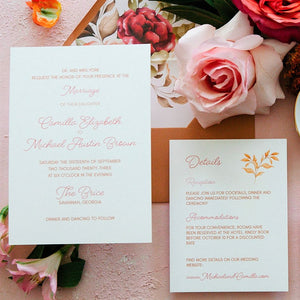 vintage floral wedding invitation card and details card with floral details and magenta script font