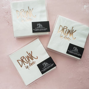 drunk in love disposable napkins in white with rose gold foil