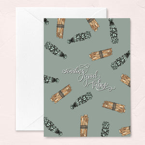 good vibes greeting card with green background and sage and palo santo bundle illustrations