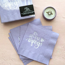 Load image into Gallery viewer, foil stamped cocktail napkins for bridal shower in lavender it&#39;s giving wifey