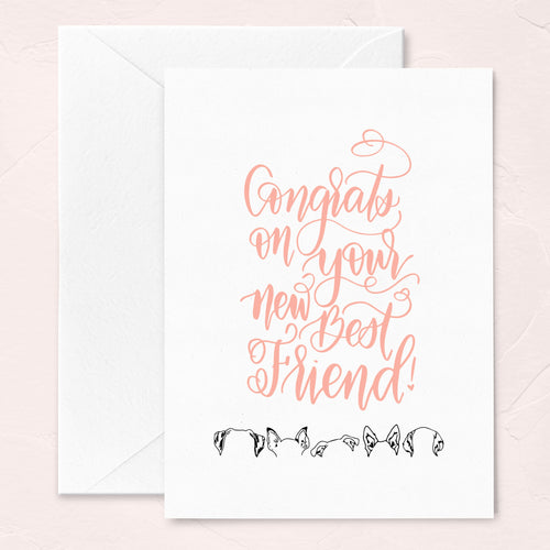 new dog greeting card with coral pink calligraphy and dog ear illustrations of common dog breeds