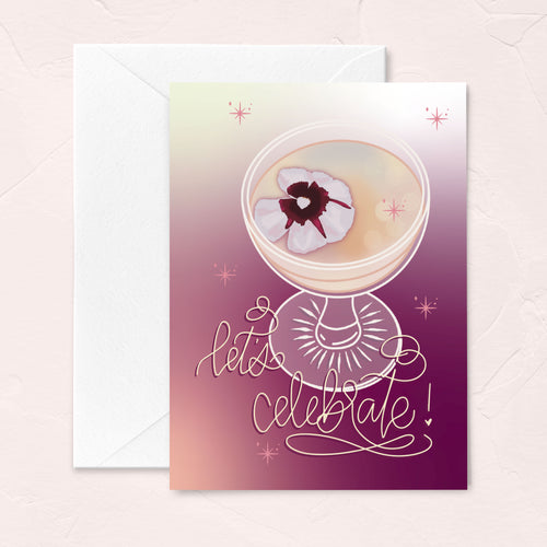 let's celebrate congratulations greeting card with a dainty cocktail and flowers