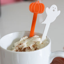 Load image into Gallery viewer, halloween acrylic stir sticks in white ghost and orange pumpkin motif