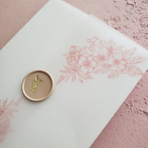 close up of floral detail on clear vellum wraps with dusty pink flowers