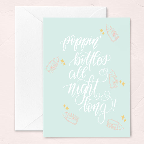 mint green gender neutral baby greeting card with baby bottle illustrations and calligraphy
