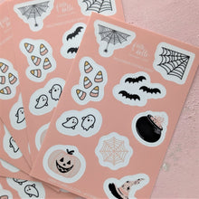 Load image into Gallery viewer, illustrated halloween sticker sheets with cute ghosts, spider webs, candy corn and more