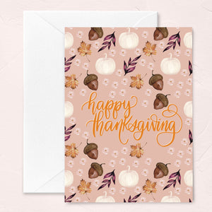 blush happy thanksgiving greeting card with pumpkin and fall leaves pattern