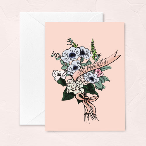 wedding day greeting card with a bridal floral bouquet and a pennant that reads just married