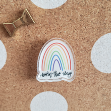 Load image into Gallery viewer, born this way rainbow pride acrylic pin by fioribelle on a corkboard