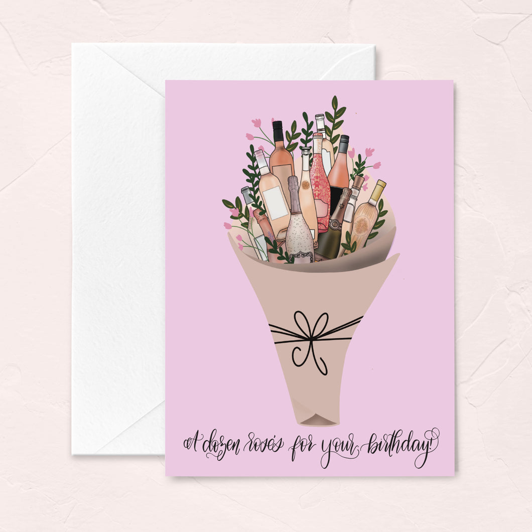 illustrated birthday greeting card for rose wine lovers featuring a dozen bottles of wine wrapped in a bouquet