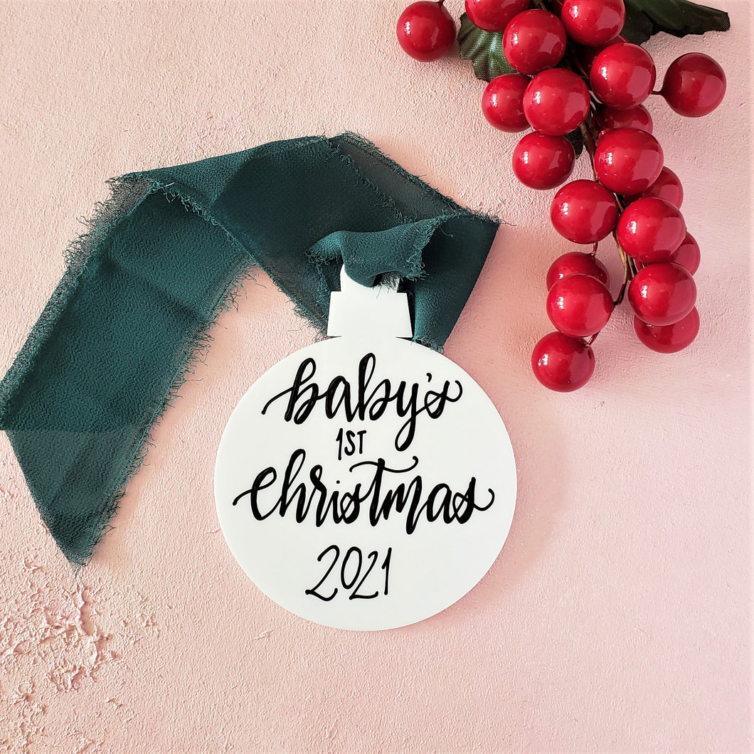 baby's first christmas acrylic ornament in white by fioribelle