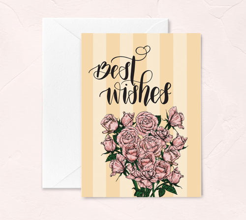 best wishes floral spring greeting card with pink roses and a yellow background