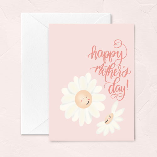 blush  pink calligraphy mother's day  greeting card with retro daisy illustrations