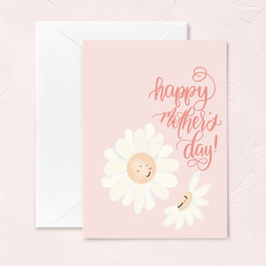 blush  pink calligraphy mother's day  greeting card with retro daisy illustrations