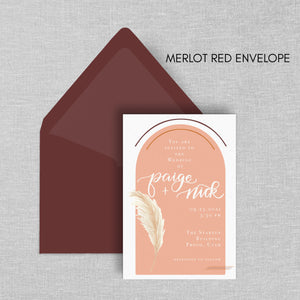 pampas grass wedding invitation with burgundy envelope by fioribelle
