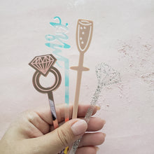 Load image into Gallery viewer, bridal shower drink stirrers set in blush. iridescent and silver