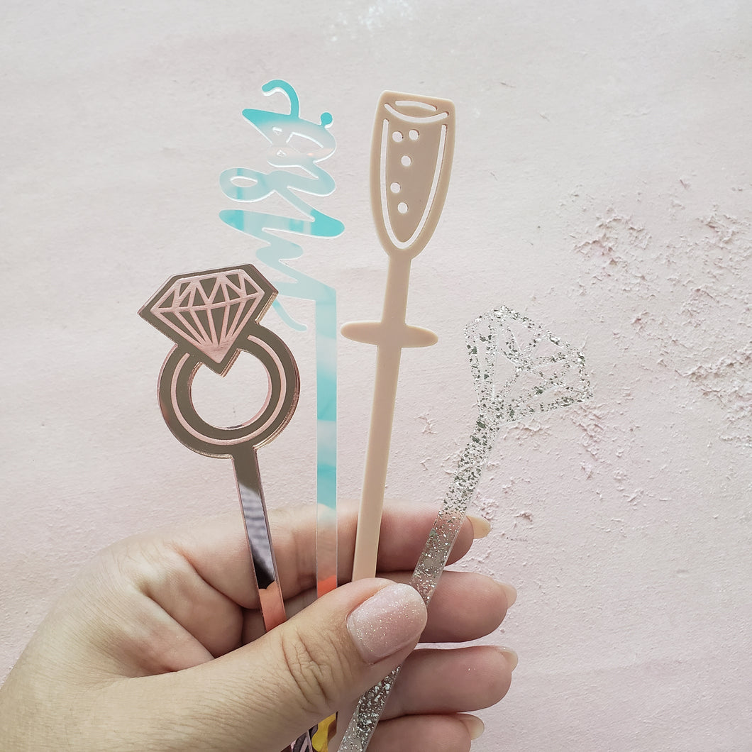 bridal shower drink stirrers set in blush. iridescent and silver