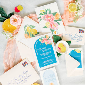 yellow and blue citrus wedding invitations for summer and destination weddings