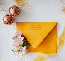 Load image into Gallery viewer, mustard yellow wedding envelopes with return address on back
