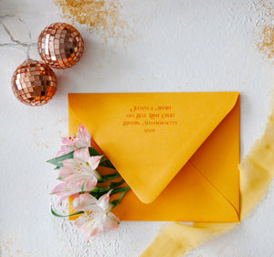 mustard yellow wedding envelopes with return address on back