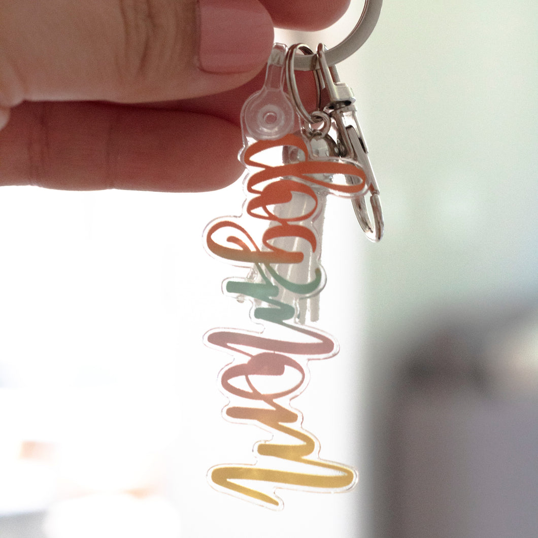 colorful acrylic dogmom keychain by fioribelle