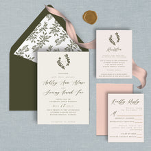 Load image into Gallery viewer, forest wedding invitations with green and blush envelopes by fioribelle