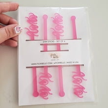 Load image into Gallery viewer, pink xoxo acrylic drink stirrers for galentine&#39;s and valentine&#39;s day celebrations by fioribelle