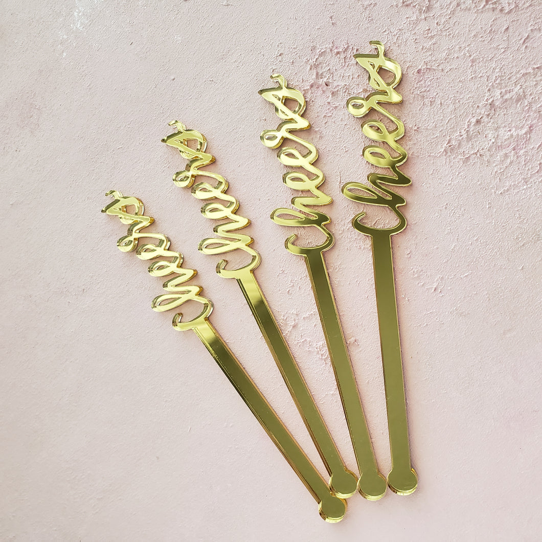 gold cheers acrylic drink stirrer for party favors and decor