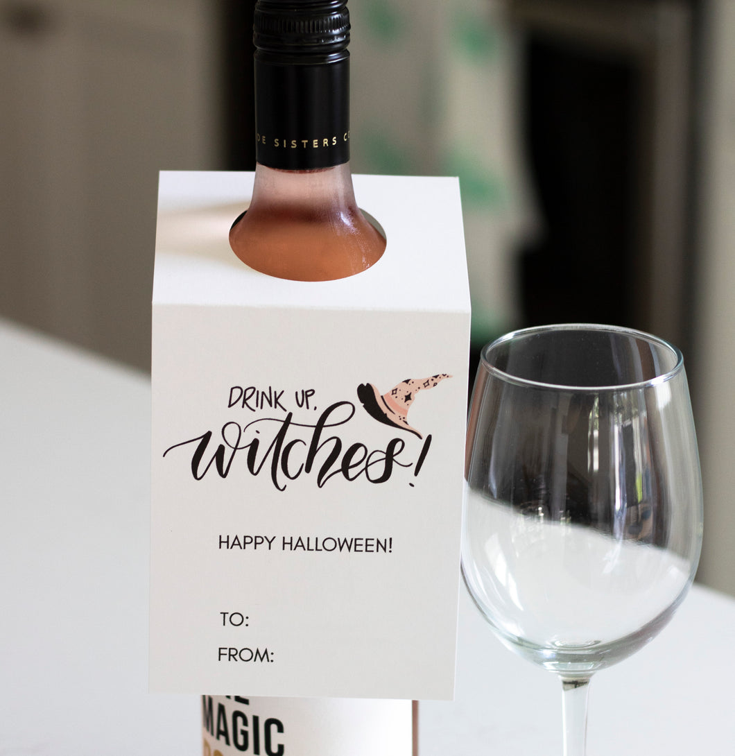 drink up witches halloween wine bottle tag by fioribelle