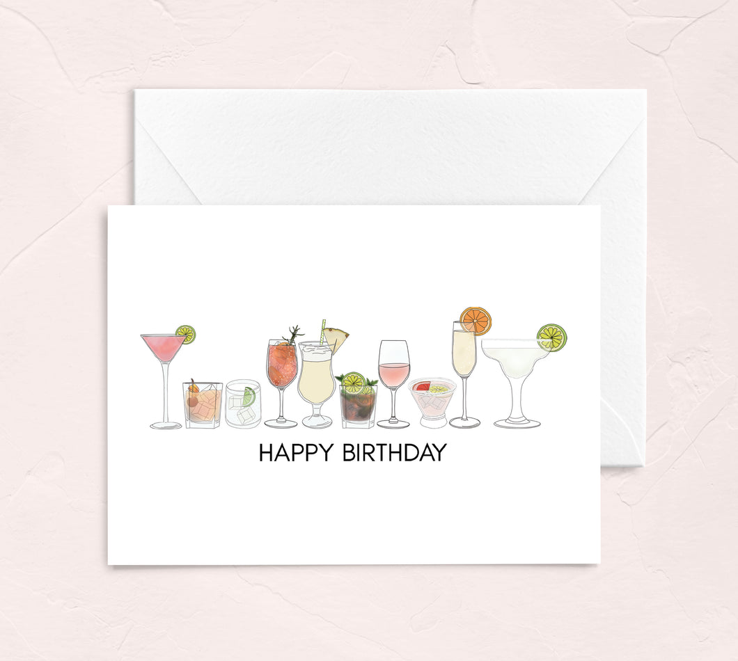 happy birthday card with illustrated cocktails by fiioribelle