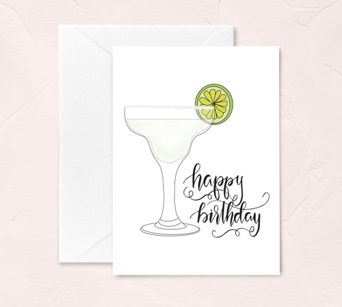 happy birthday calligraphy greeting card with a margarita cocktail illustration by fioribelle