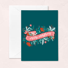 Load image into Gallery viewer, modern christmas greeting card with teal background and festive florals