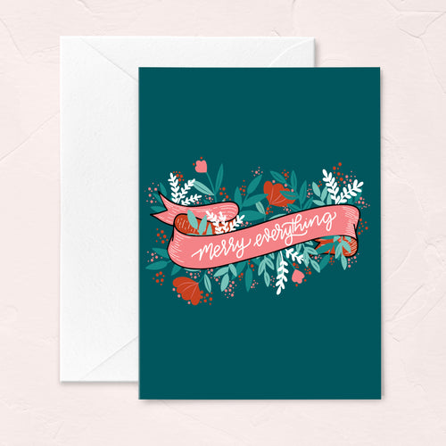 modern christmas greeting card with teal background and festive florals