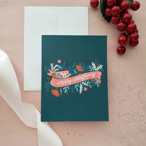 dark teal holiday greeting card with non-denominational sentiment: merry everything 